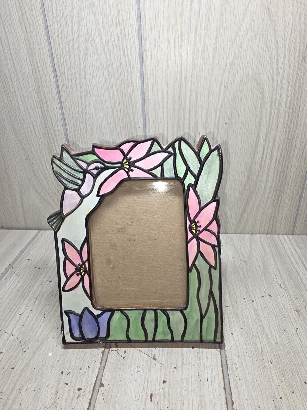 Vtg Art Nouveau Hummingbird Floral Picture Photo Frame Stained Glass Look 4x5